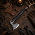 Viking axe with leather sheath and hand forged Norse engraved head