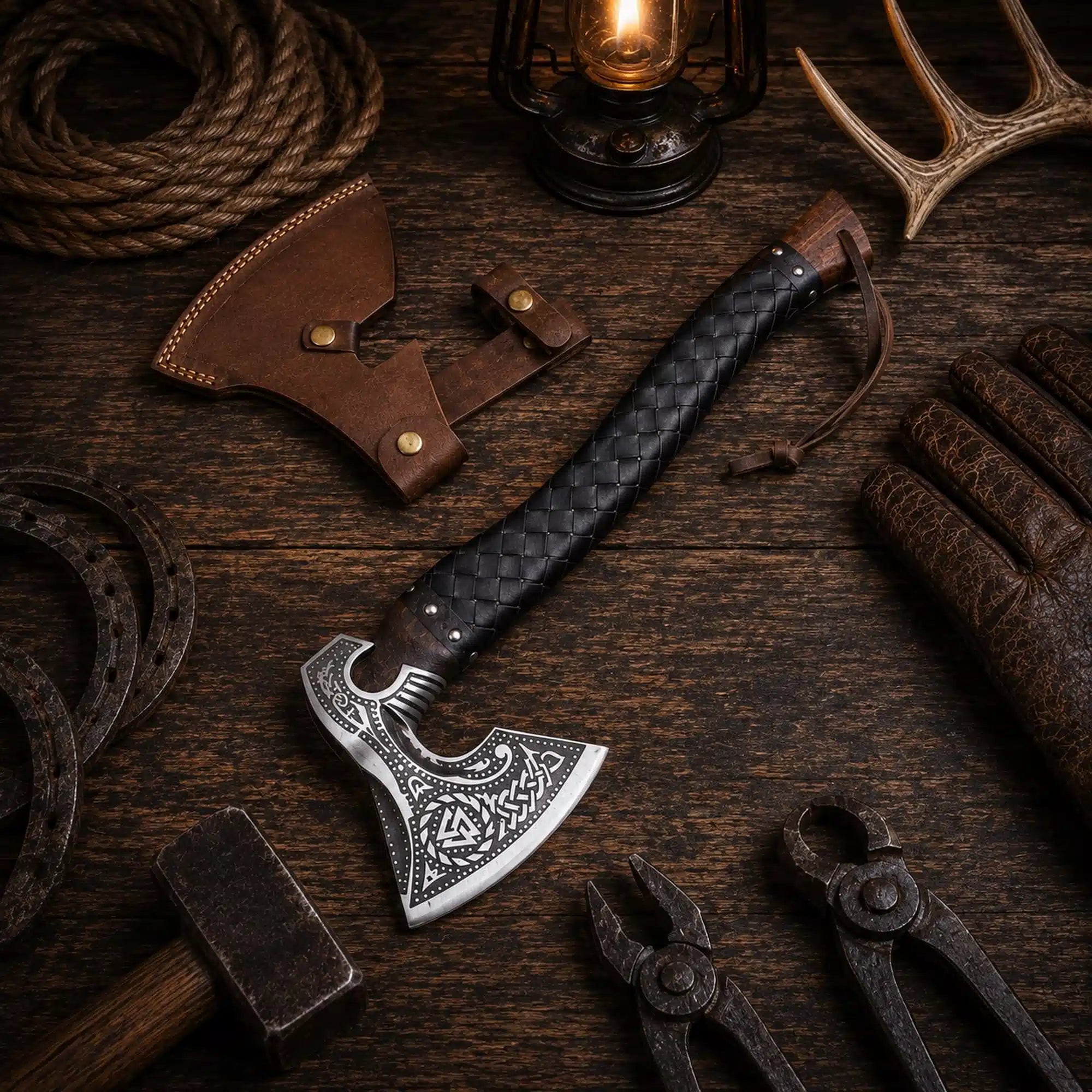 Viking axe with leather sheath and hand forged Norse engraved head