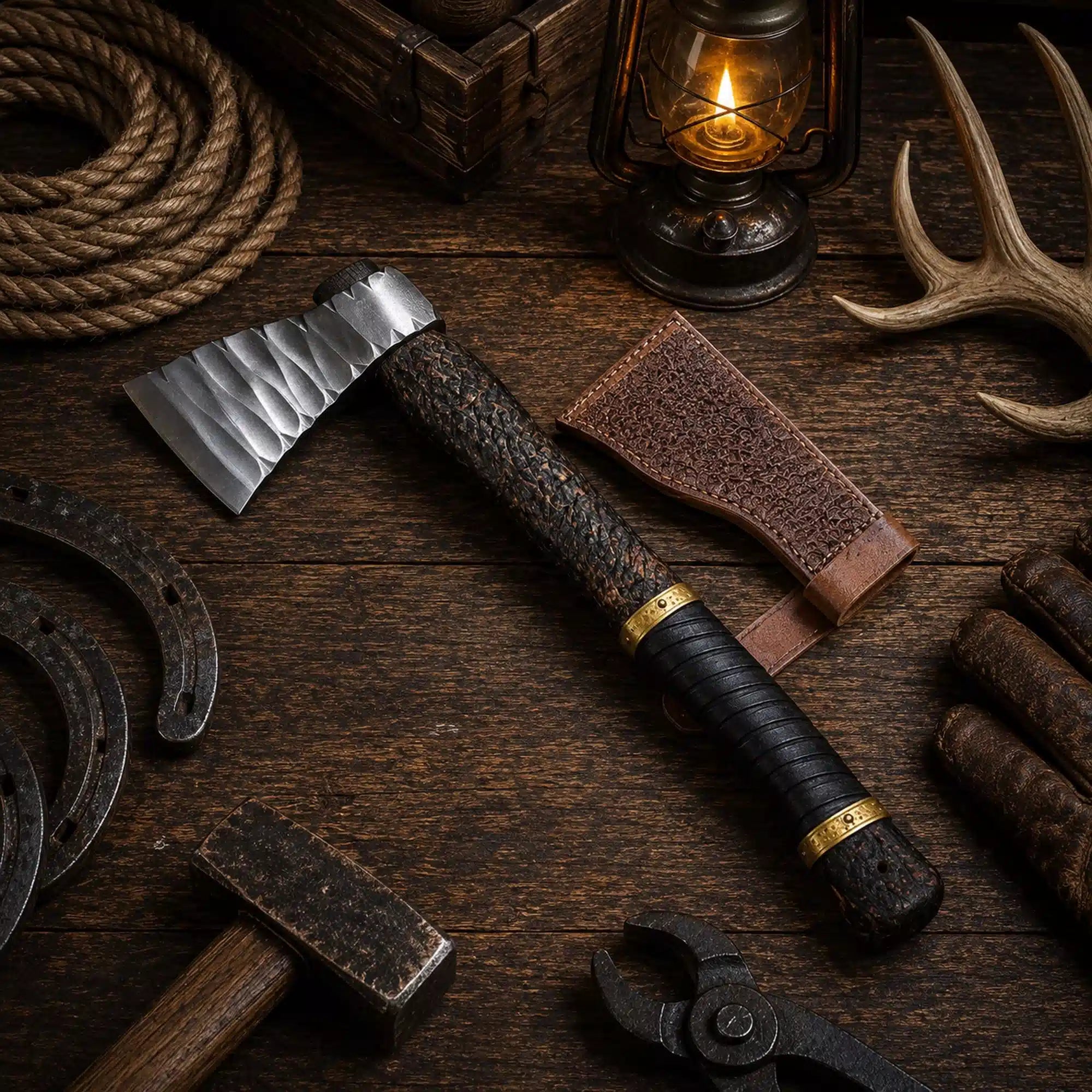 Viking axe with dark wood handle and black leather grip