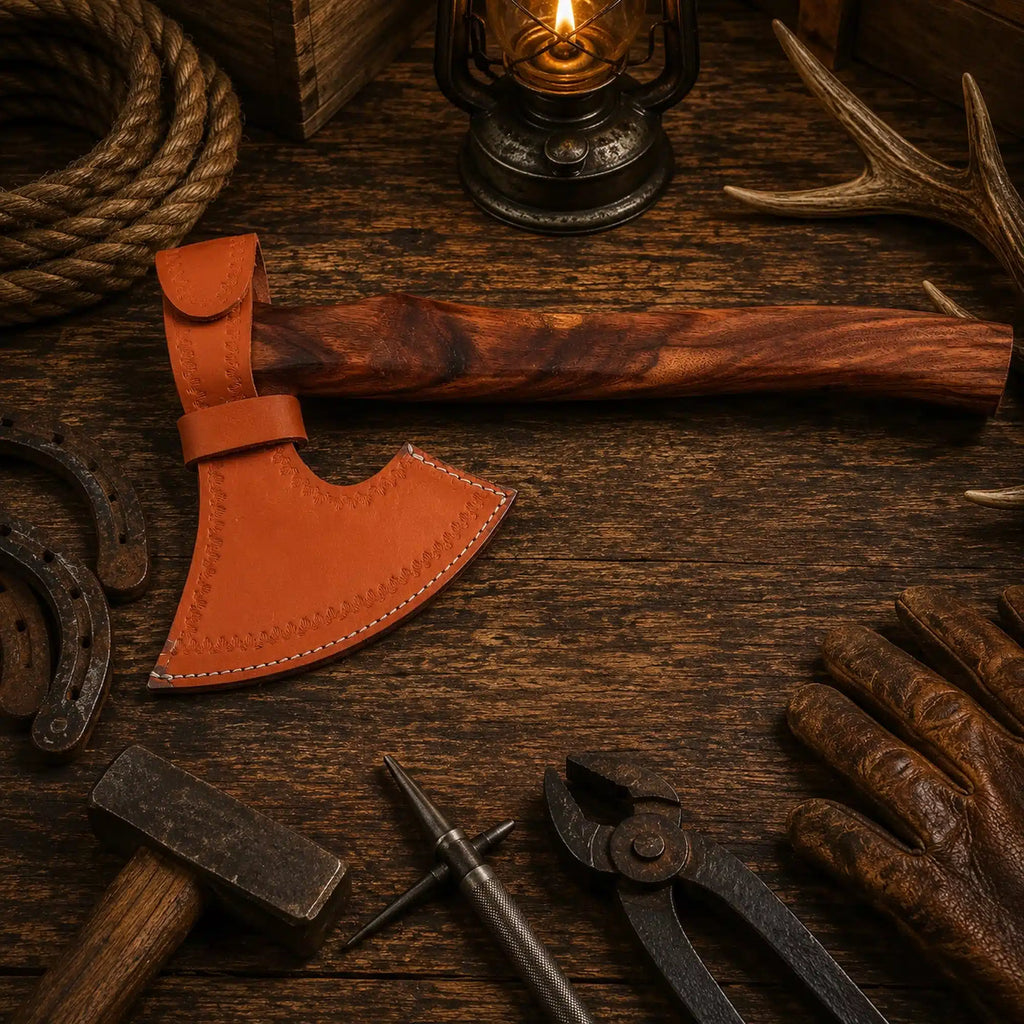 Norse style Viking axe with patterned Damascus steel head