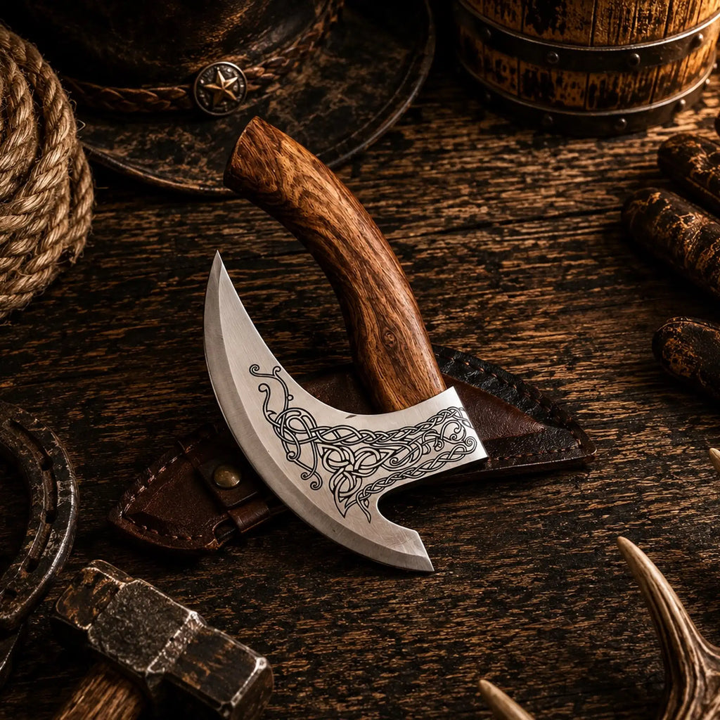 Viking axe pizza cutter with burnt ash wood handle and Nordic blade design