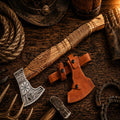 Hand forged Viking battle axe with carved ash wood handle