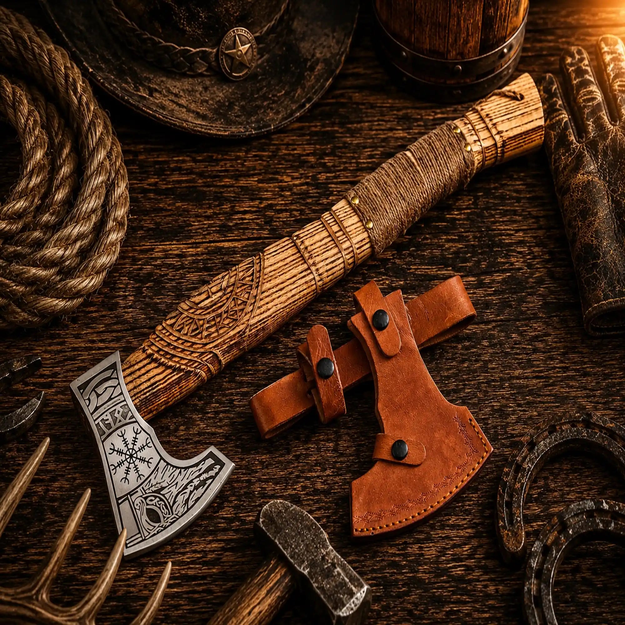 Hand forged Viking battle axe with carved ash wood handle