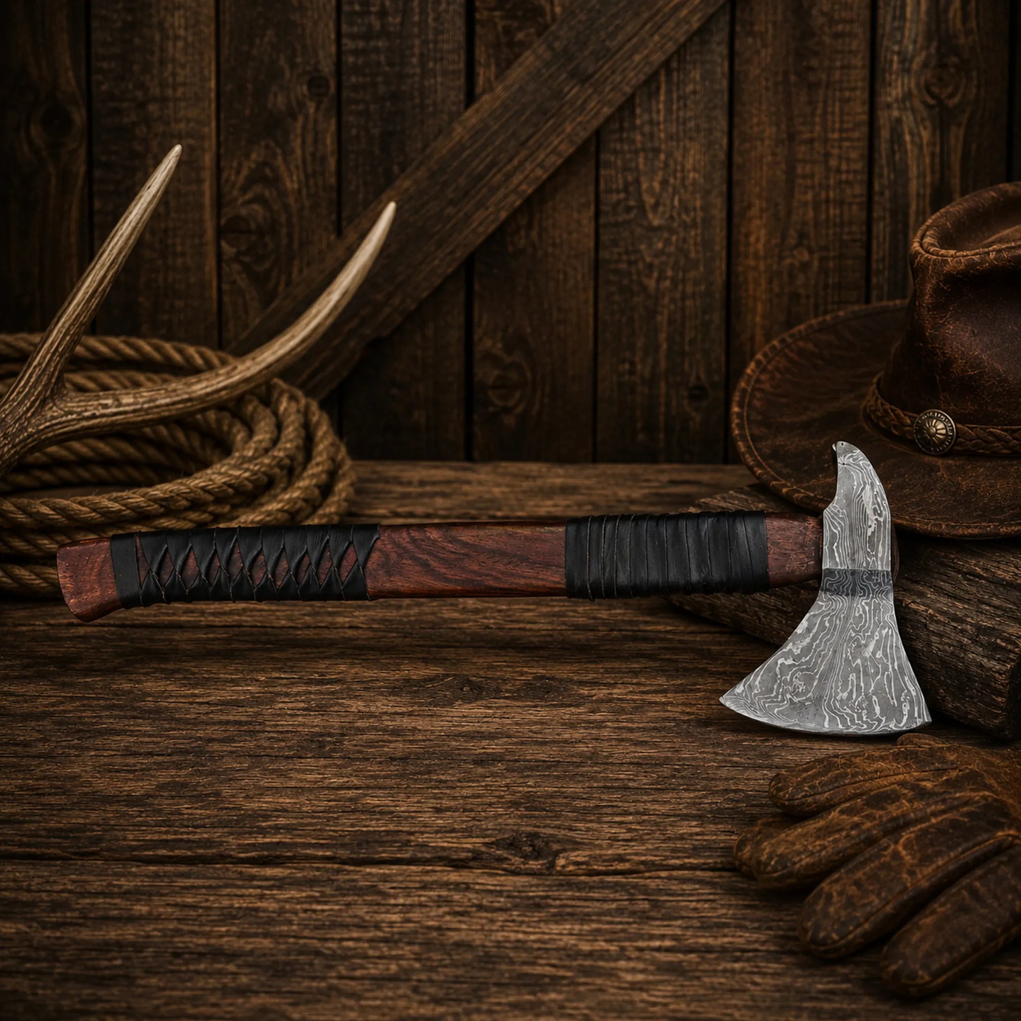 Handmade Viking Bearded Axe with Damascus steel head and leather wrapped wooden handle