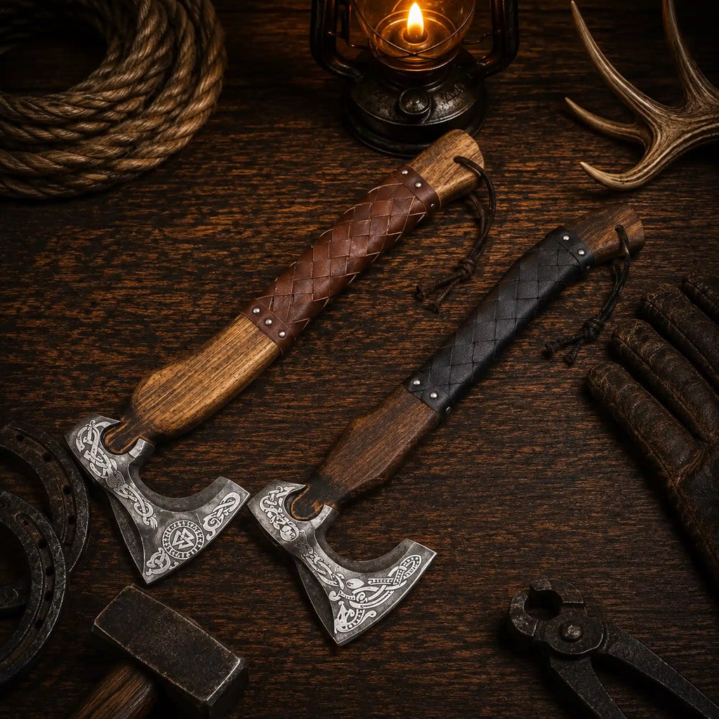 Viking bearded camping axe with leather wrapped handle and sheath