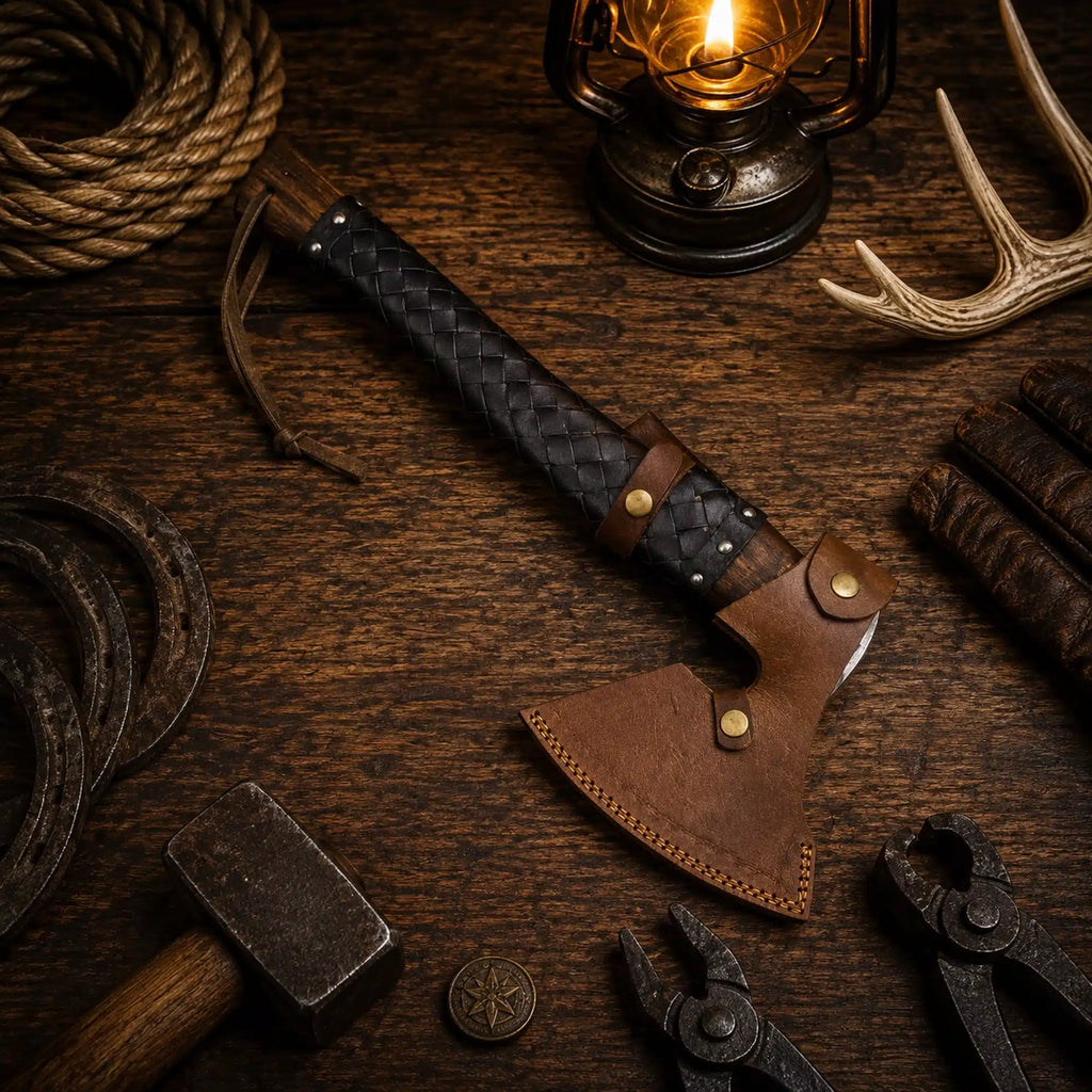 Viking bearded axe with leather wrapped wooden handle