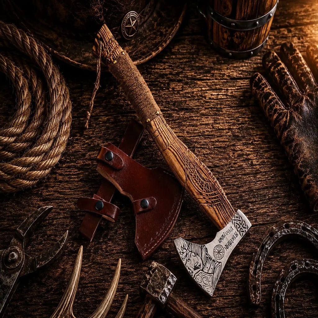 Viking Berserker Battle Axe – Hand Forged Norse Axe with Carved Ash Wood Handle - SHAM KNIVESBattle AxeSHAM KNIVESCustom forged Norse axe featuring engraved Viking artwork.