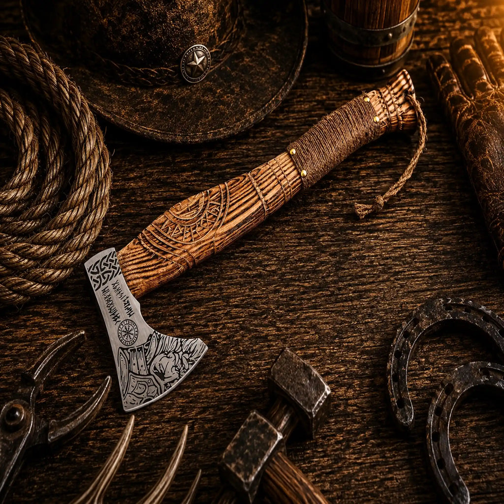 Handcrafted Viking Berserker Battle Axe with carved ash wood handle