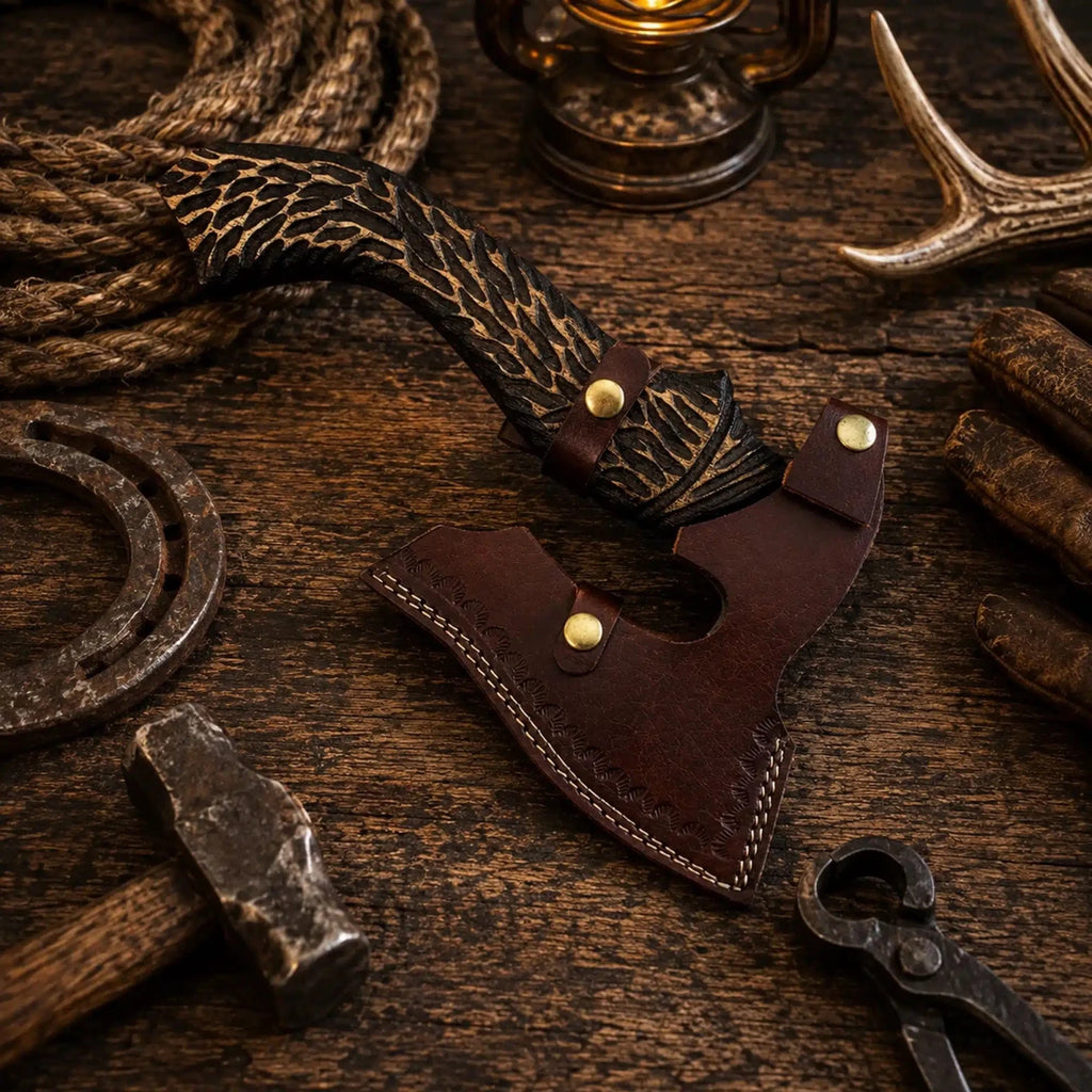 Viking-style camping hatchet with forged carbon steel head and leather sheath