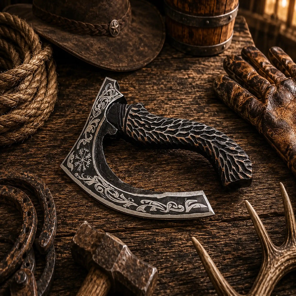 Viking style pizza cutter with dark carved rosewood handle