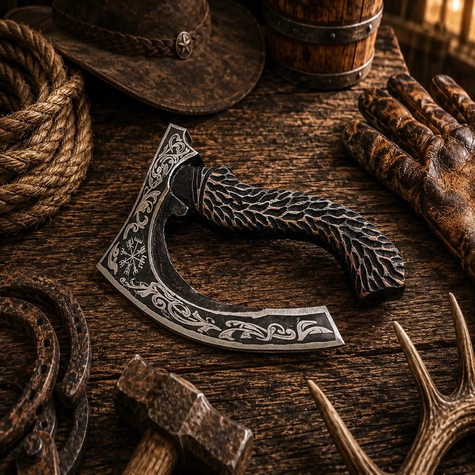Viking style pizza cutter with dark carved rosewood handle