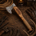 Viking Celtic engraved bearded axe with burnt ash wood handle
