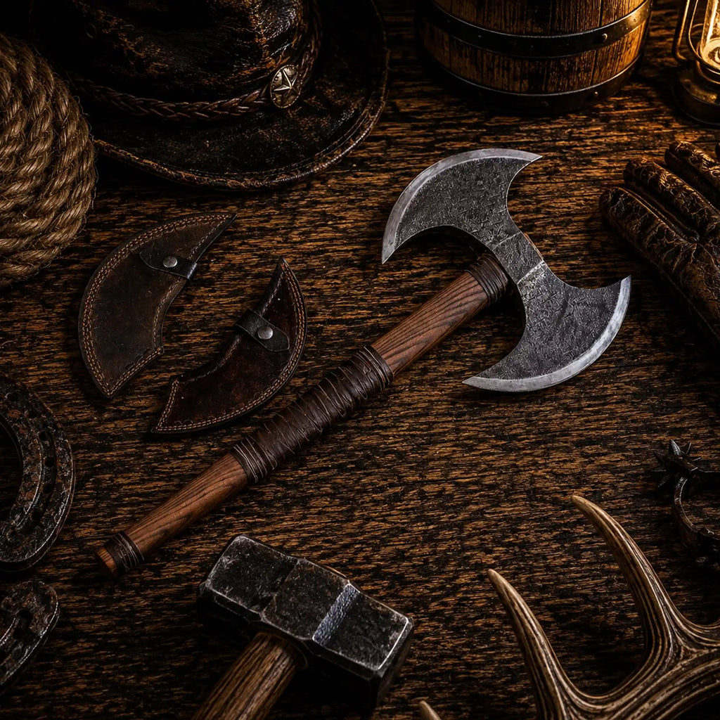 Hand forged carbon steel Viking axe with double cutting head