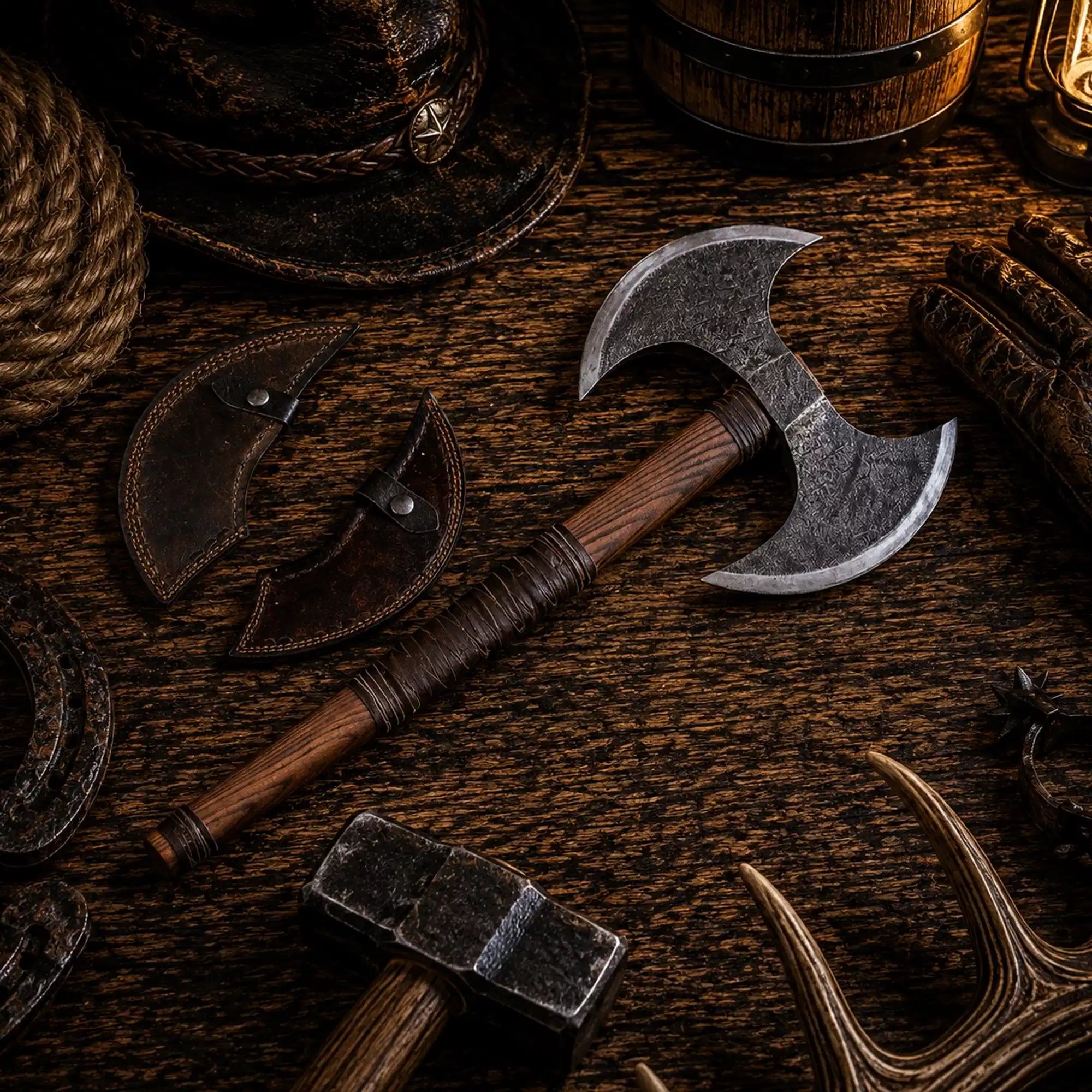 Hand forged carbon steel Viking axe with double cutting head