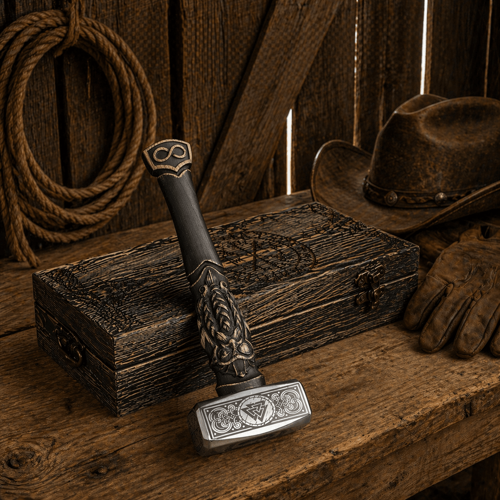 Viking Hammer Hand Forged Steel Odin Carved Valknut Mjolnir - SHAM KNIVESHammersSHAM KNIVESViking hammer with Valknut engraving and Odin carved handle on rustic wooden table in barn setting with rope and gloves