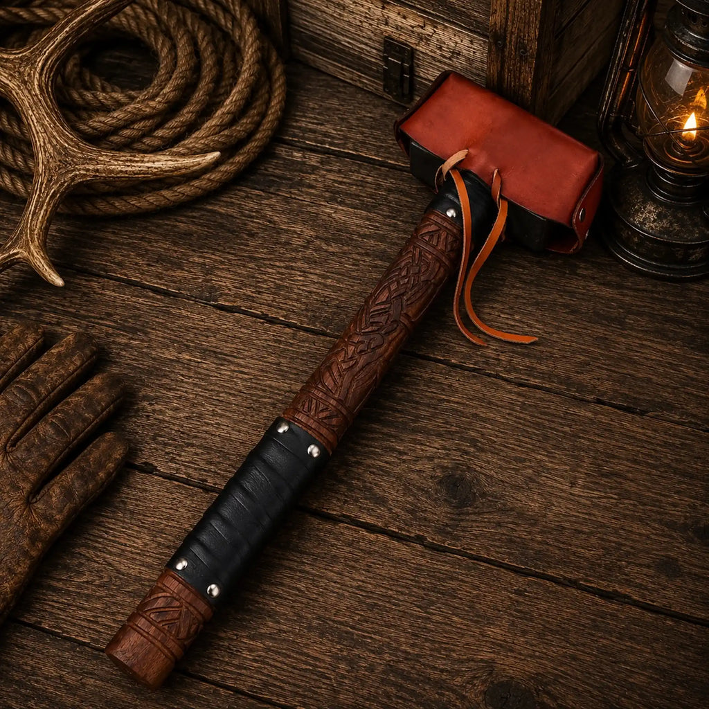 Handmade Viking display hammer with brown leather head cover