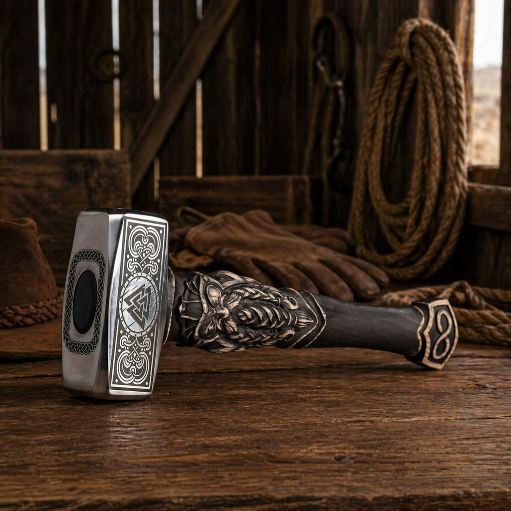 Viking hammer with Valknut engraving and Odin carved handle on rustic wooden table in barn setting with rope and gloves