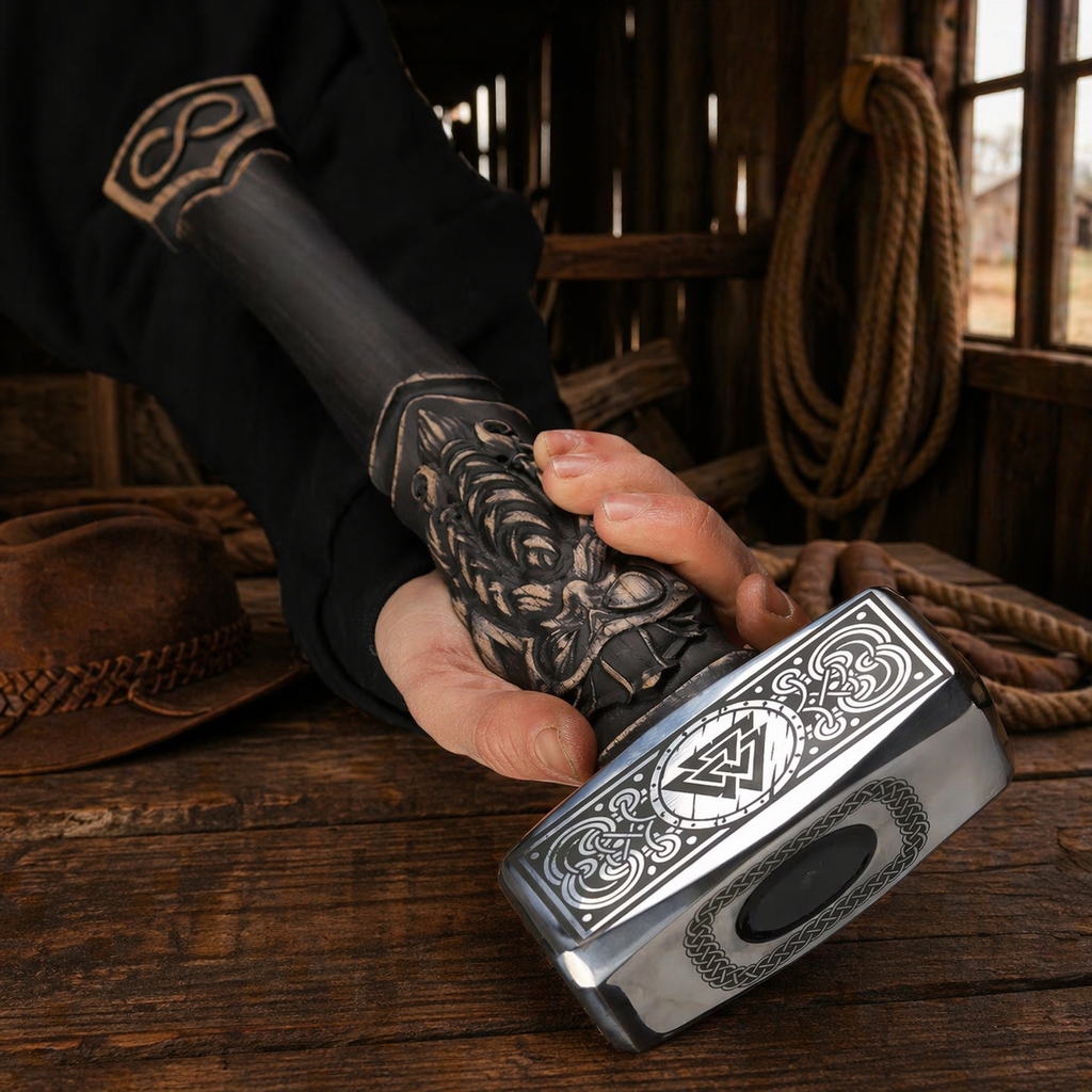 Viking hammer with Valknut engraving and Odin carved handle on rustic wooden table in barn setting with rope and gloves