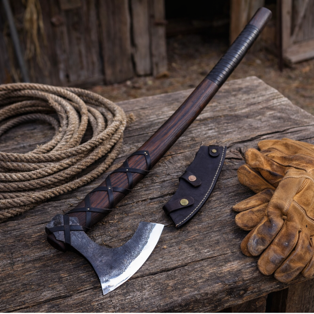Handmade Viking long axe with carbon steel blade and wooden handle on rustic wood logs outdoors