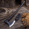 Viking Long Axe Handmade Carbon Steel Scandinavian Engraved - SHAM KNIVESCamping AxeSHAM KNIVESHandmade Viking long axe with carbon steel blade and wooden handle on rustic wood logs outdoors