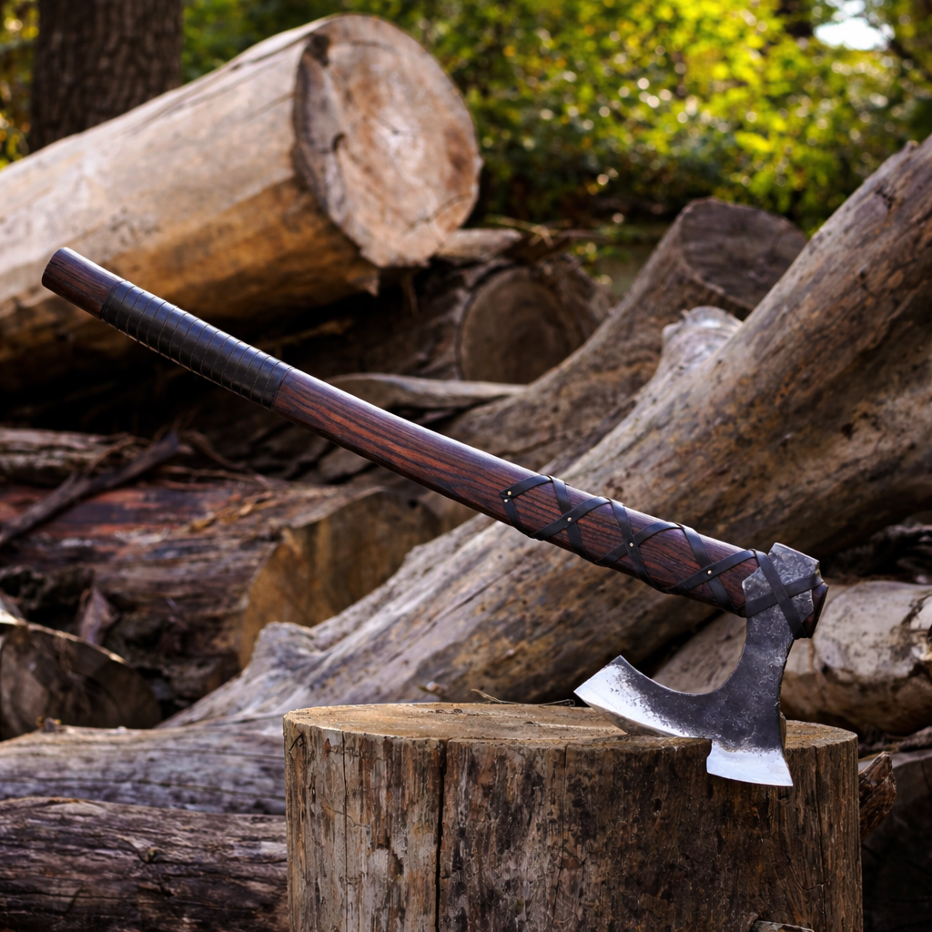 Handmade Viking long axe with carbon steel blade and wooden handle on rustic wood logs outdoors