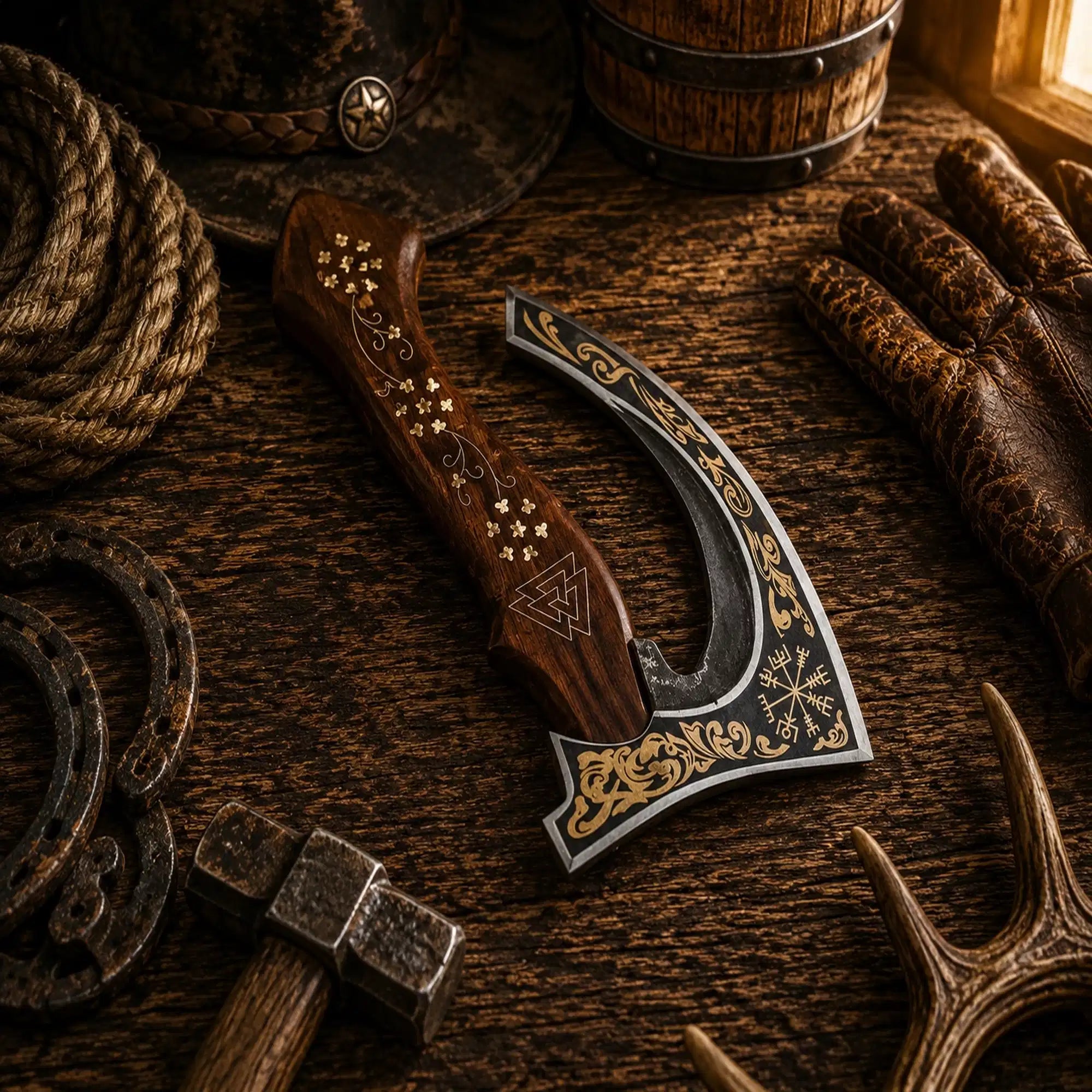 Nordic pizza axe with rosewood handle and brass decorative inlay