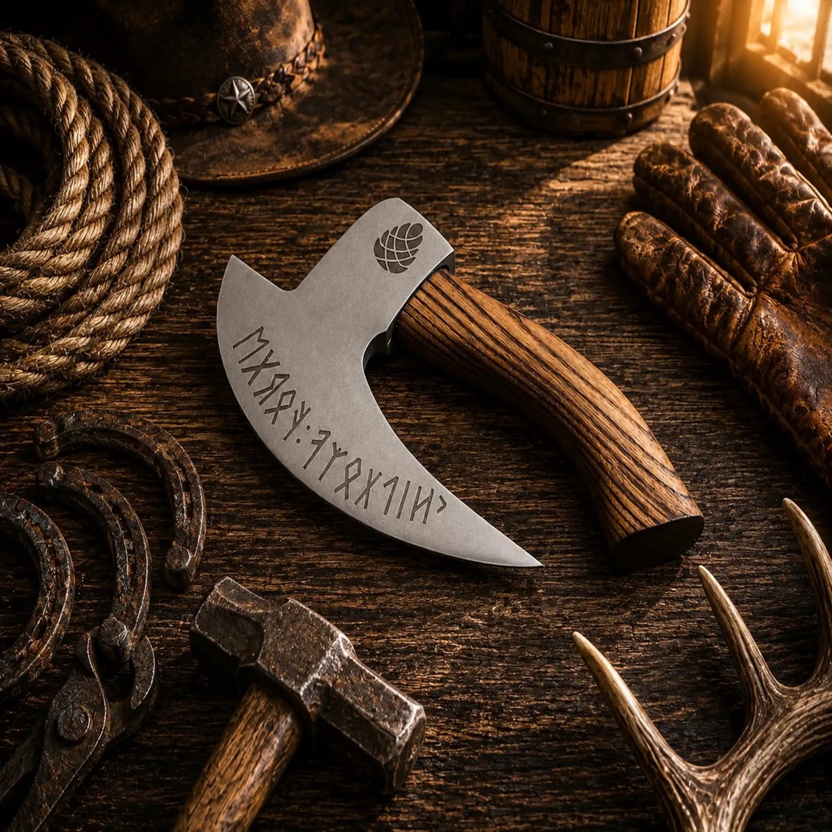 Viking Pizza Cutter Axe – Hand Forged Carbon Steel Pizza Slicer - SHAM KNIVESpizza cutter axeSHAM KNIVES Hand forged carbon steel pizza slicer with Nordic engraved blade