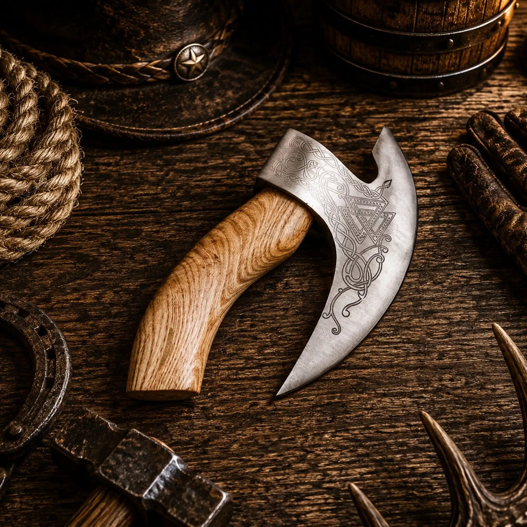 Viking Pizza Cutter Axe with burnt ash wood handle