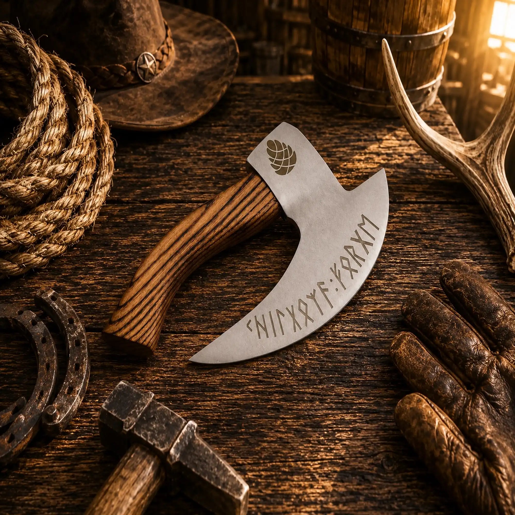 Viking pizza cutter axe with carbon steel blade and burnt ash wood handle