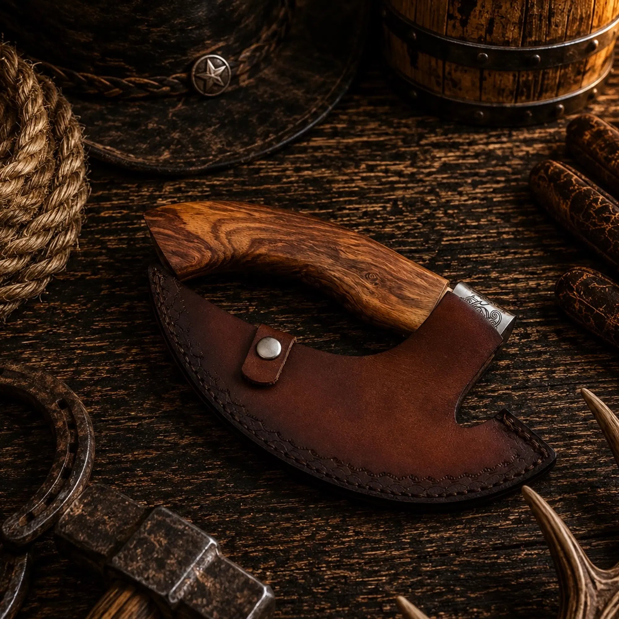 Viking pizza cutter with Nordic knotwork blade and brown leather sheath