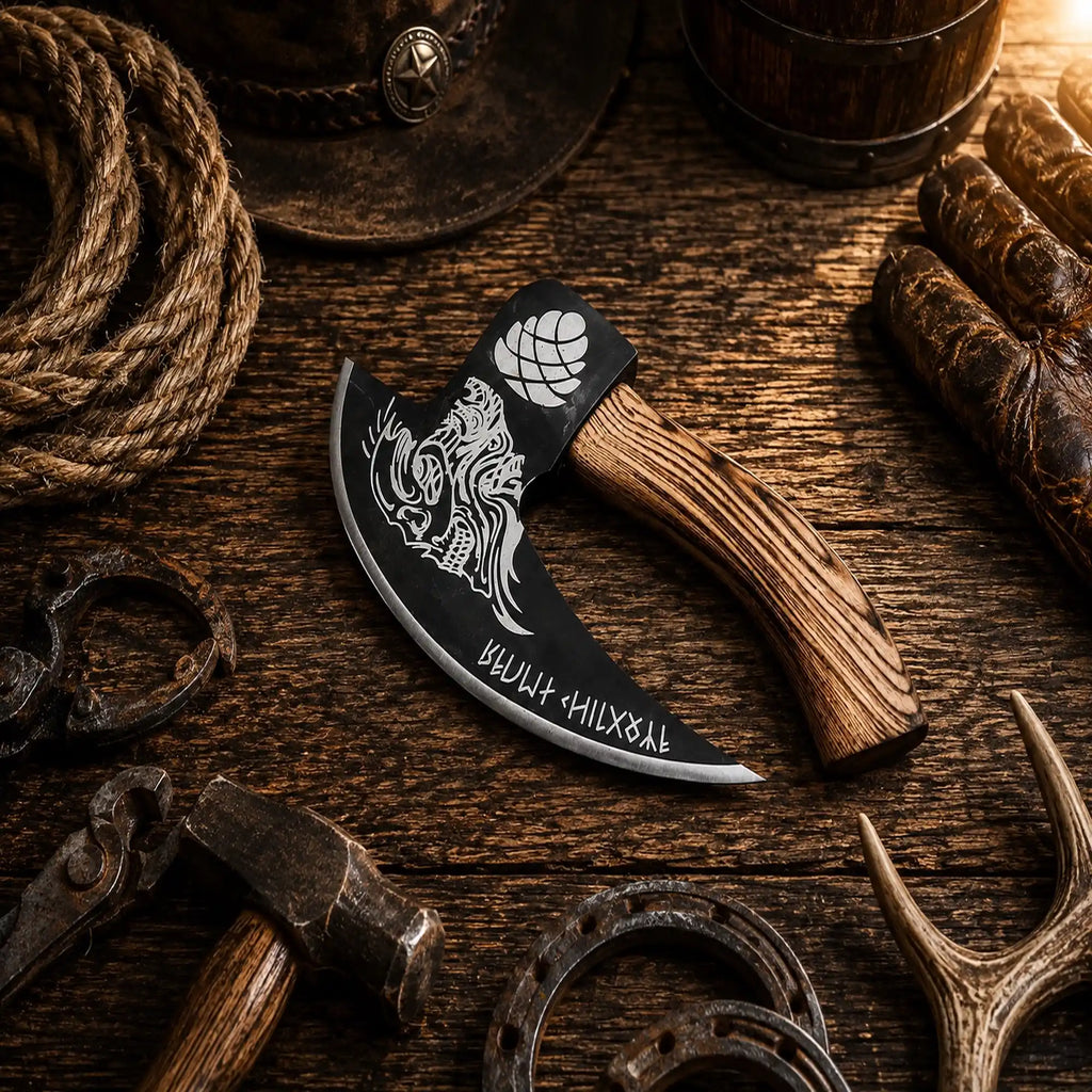 Handmade Viking style pizza cutter with curved carbon steel blade