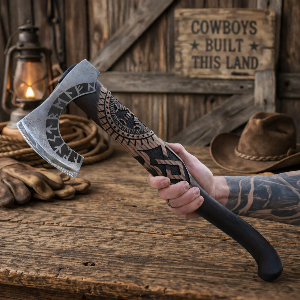 Handmade Viking rune axe with engraved steel blade and carved wooden handle on rustic cowboy table