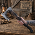 Handmade Viking rune axe with engraved steel blade and carved wooden handle on rustic cowboy table