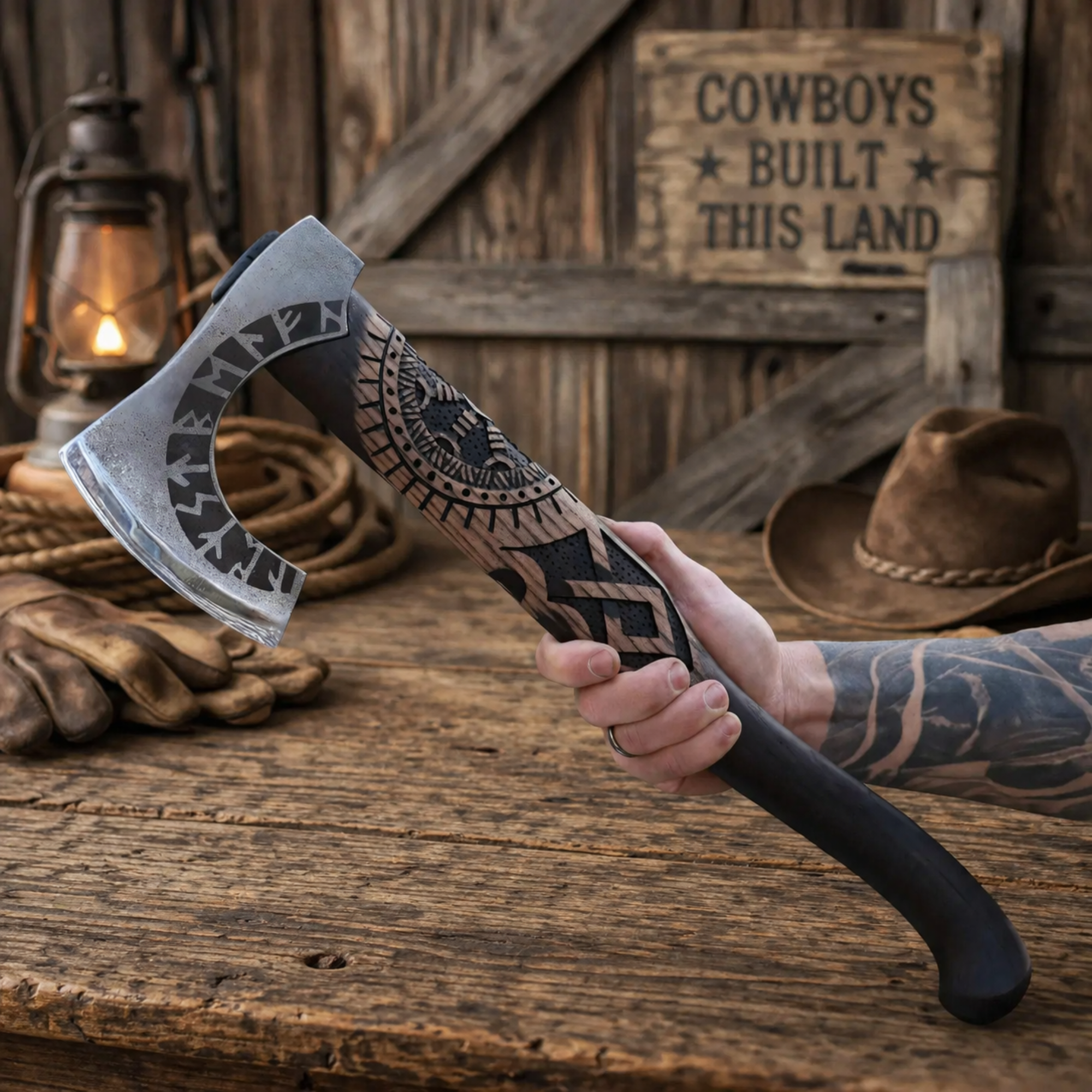 Handmade Viking rune axe with engraved steel blade and carved wooden handle on rustic cowboy table
