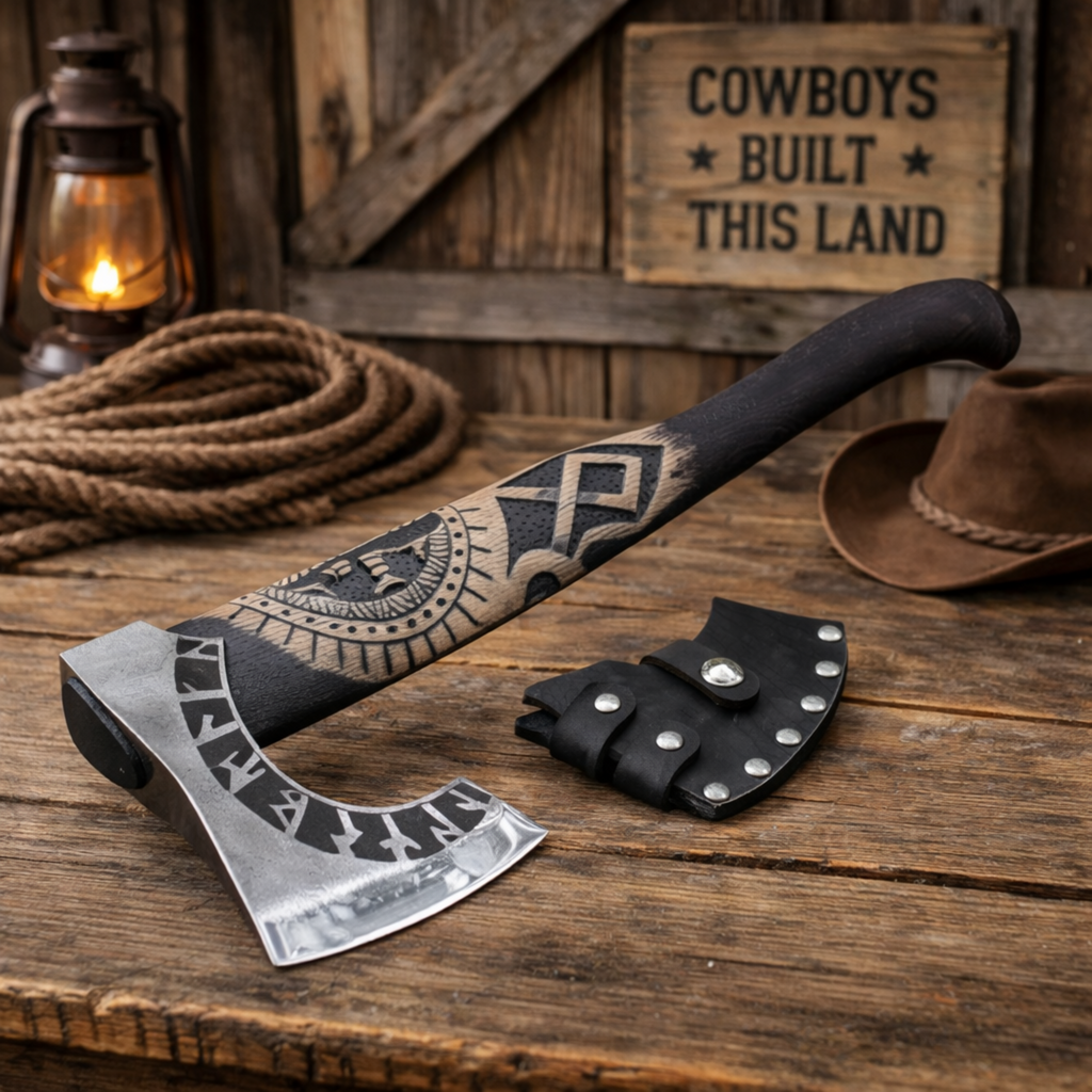 Handmade Viking rune axe with engraved steel blade and carved wooden handle on rustic cowboy table