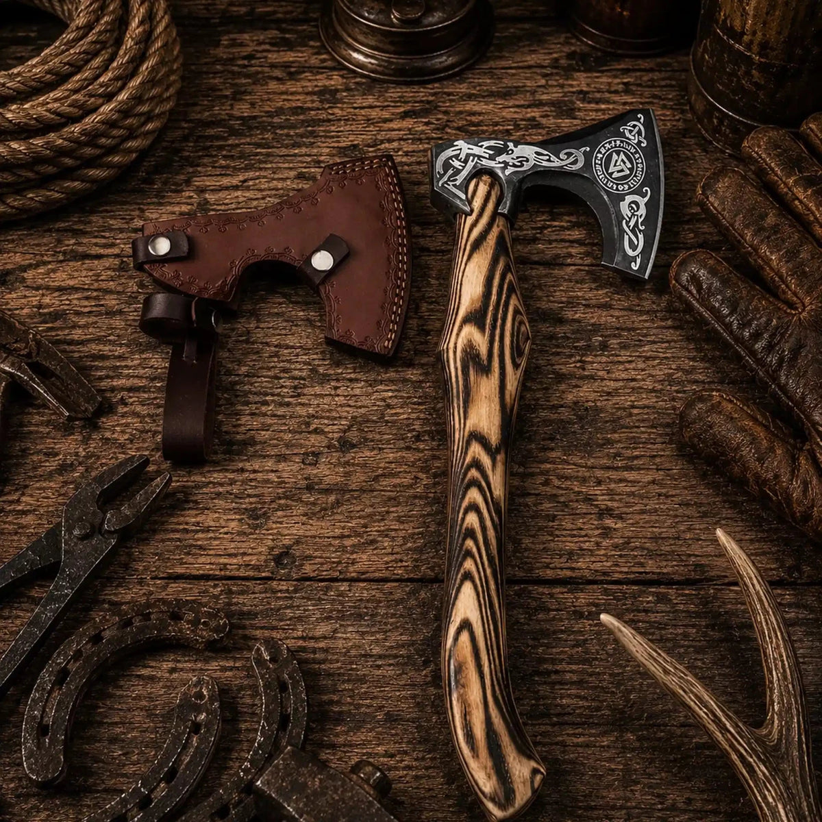 Viking rune engraved bearded hatchet with burnt ash wood handle with leather sheath