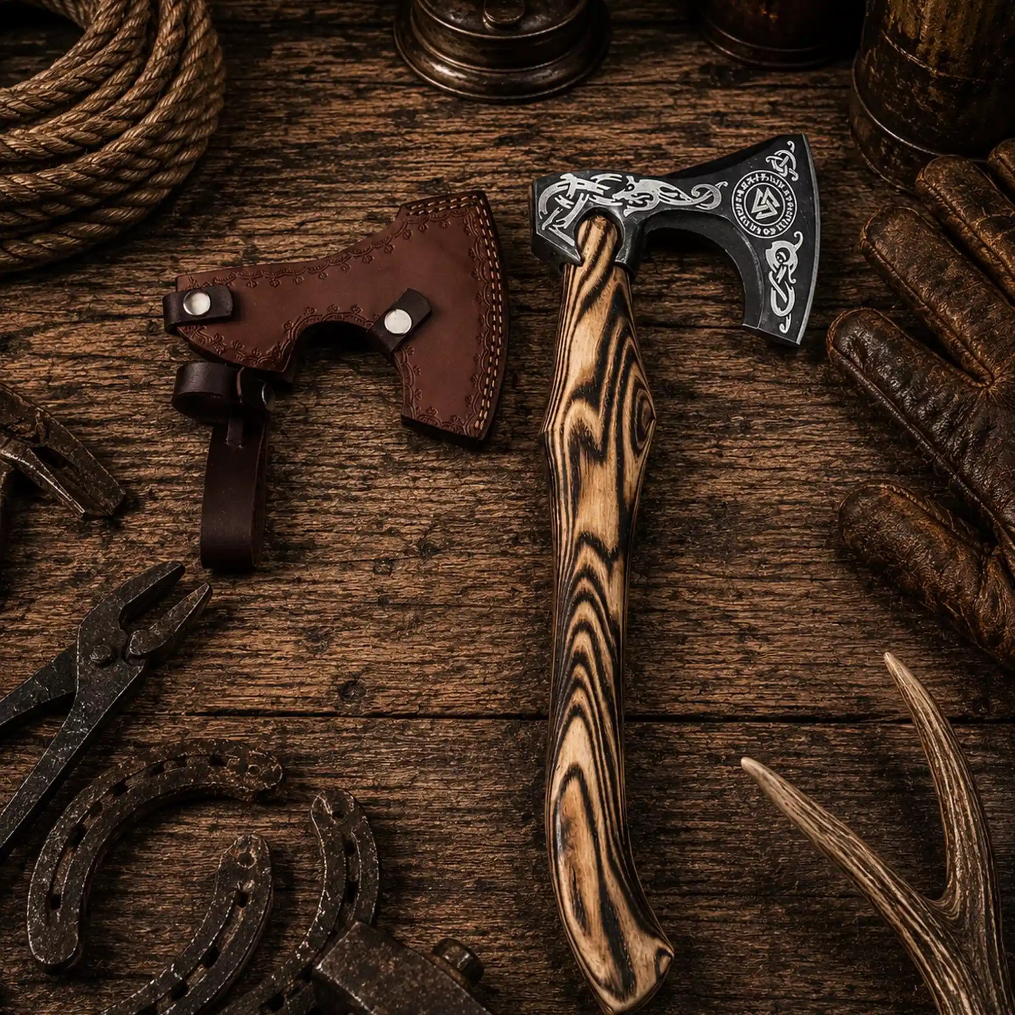 Viking rune engraved bearded hatchet with burnt ash wood handle