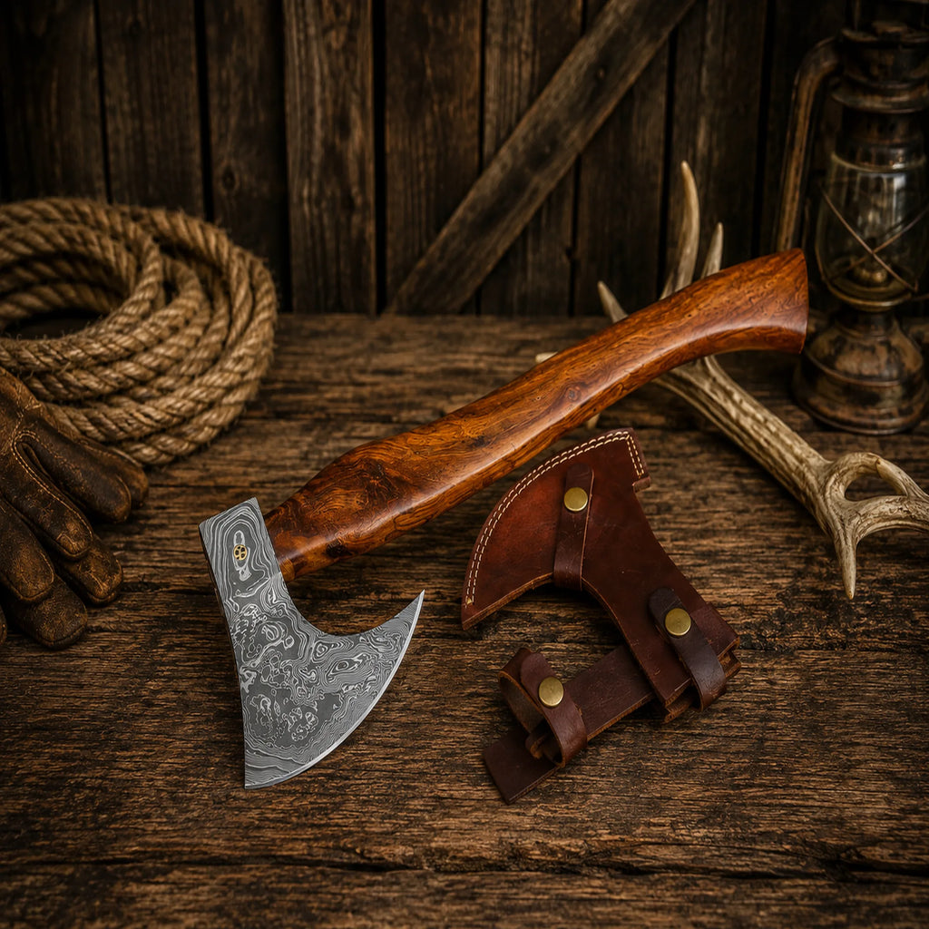 Handmade Viking style Damascus steel axe with rosewood handle and leather sheath.