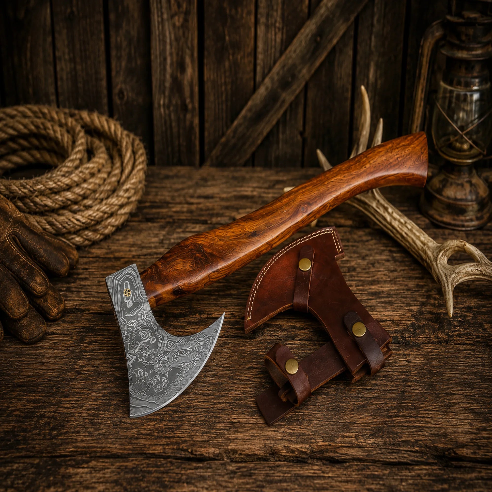 Handmade Viking style Damascus steel axe with rosewood handle and leather sheath.