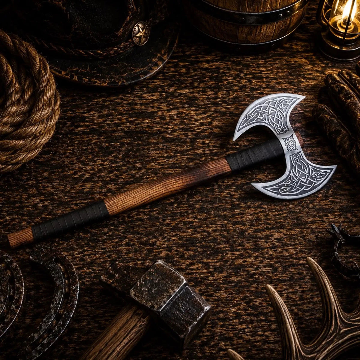 Viking Style Double-Headed Battle Axe – Hand Forged Carbon Steel - SHAM KNIVESBattle AxeSHAM KNIVESViking style double-headed battle axe with ash wood handle