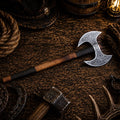 Viking style double-headed battle axe with ash wood handle