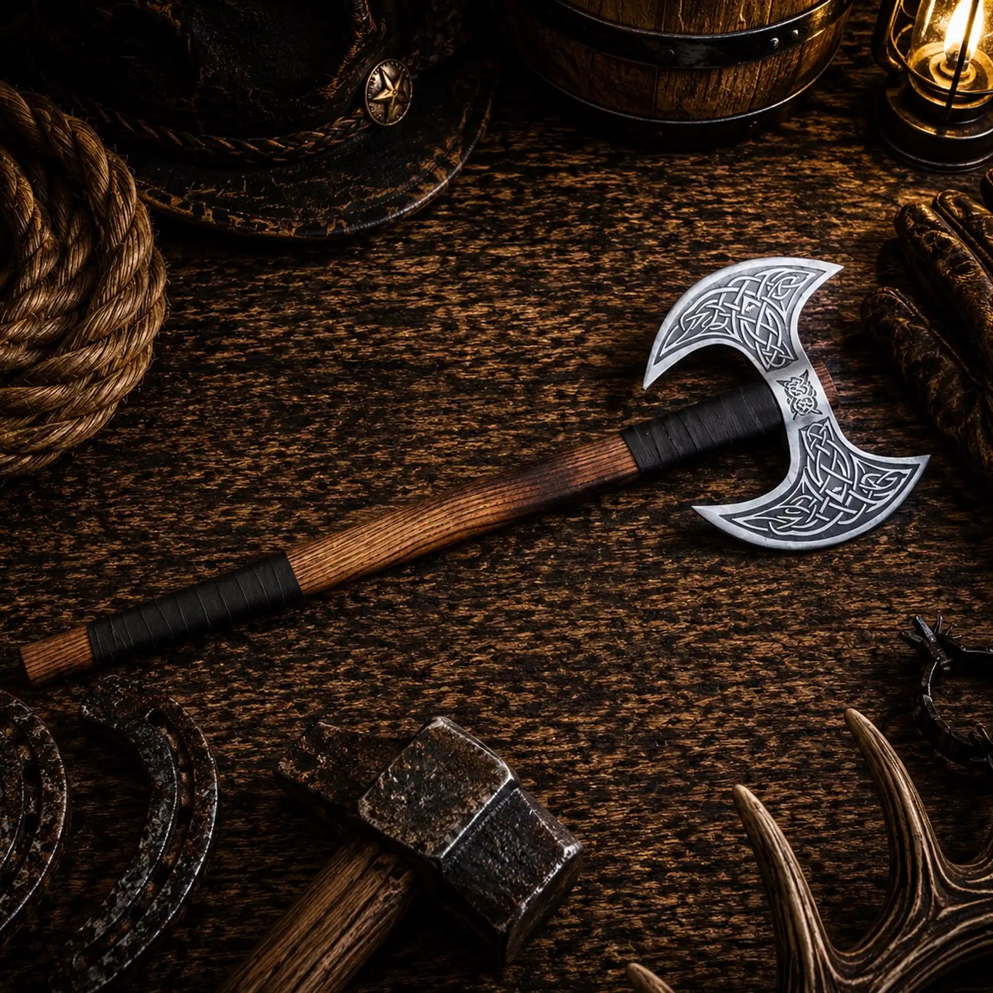 Viking style double-headed battle axe with ash wood handle