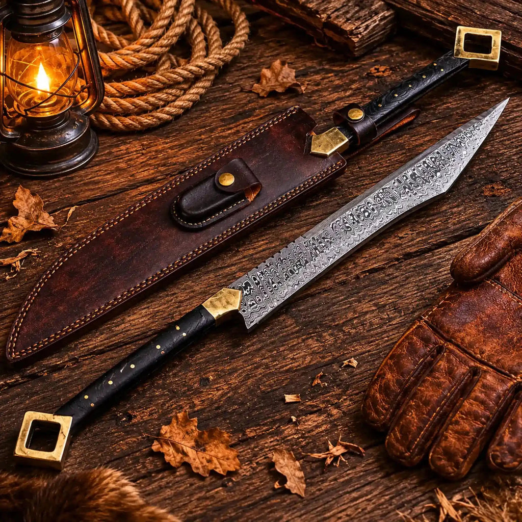 Viking Sword Damascus Steel Hand Forged with Leather Sheath - SHAM KNIVESswordsSHAM KNIVESHand forged Damascus steel Viking sword with leather sheath on rustic wooden table