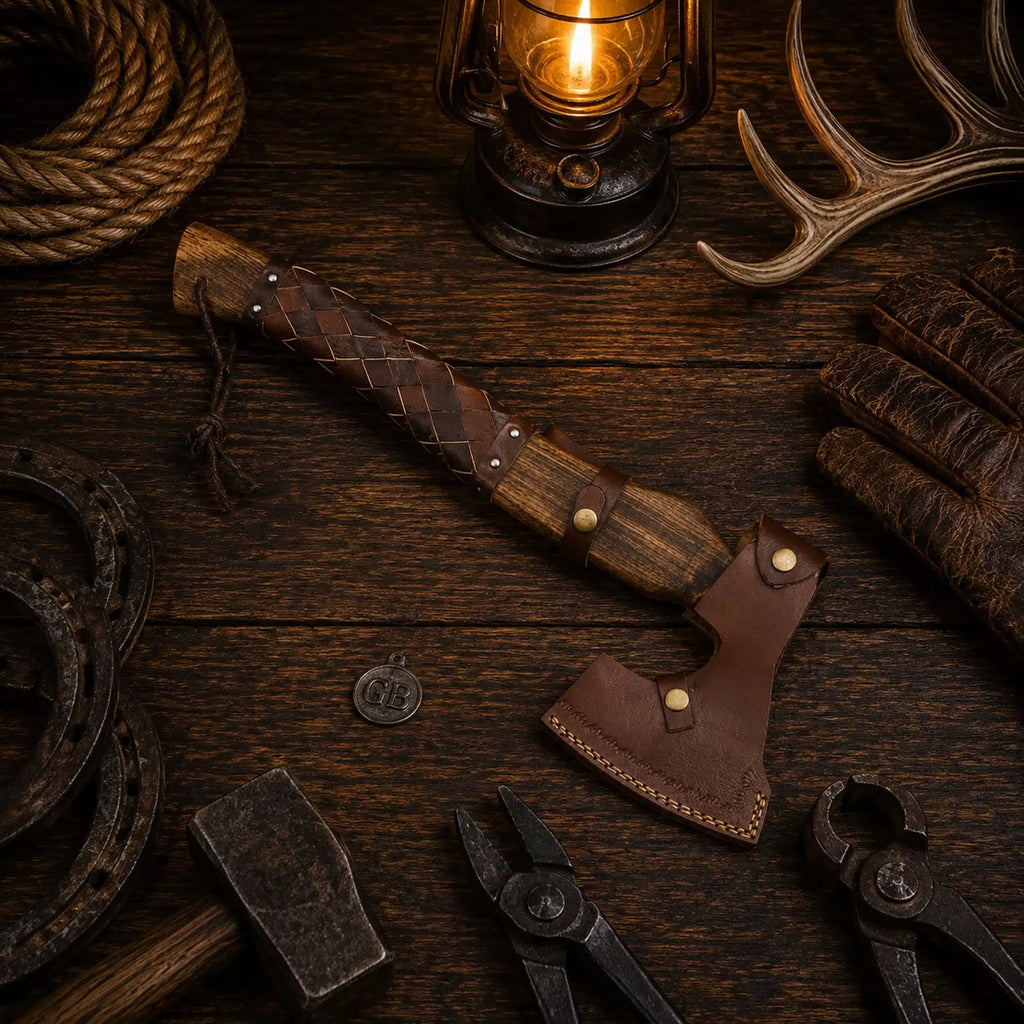 Viking tomahawk axe with leather wrapped ash wood handle