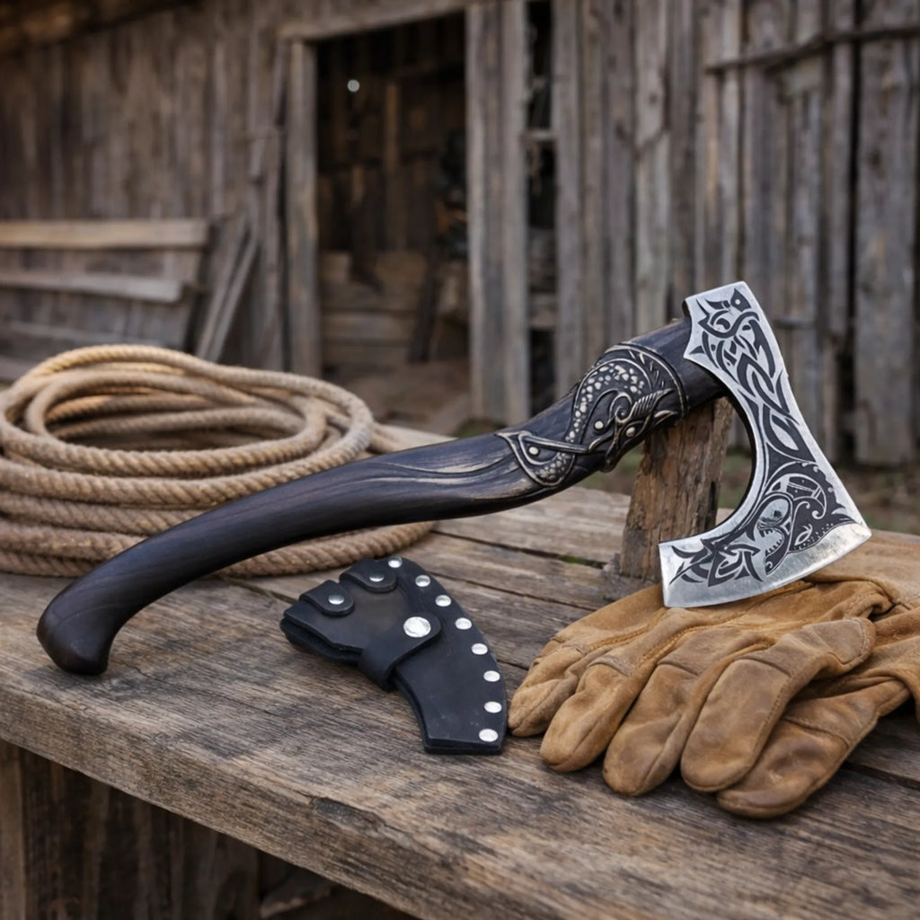 Viking Wolf Axe Fenrir with engraved blade and ash wood handle on rustic wooden surface
