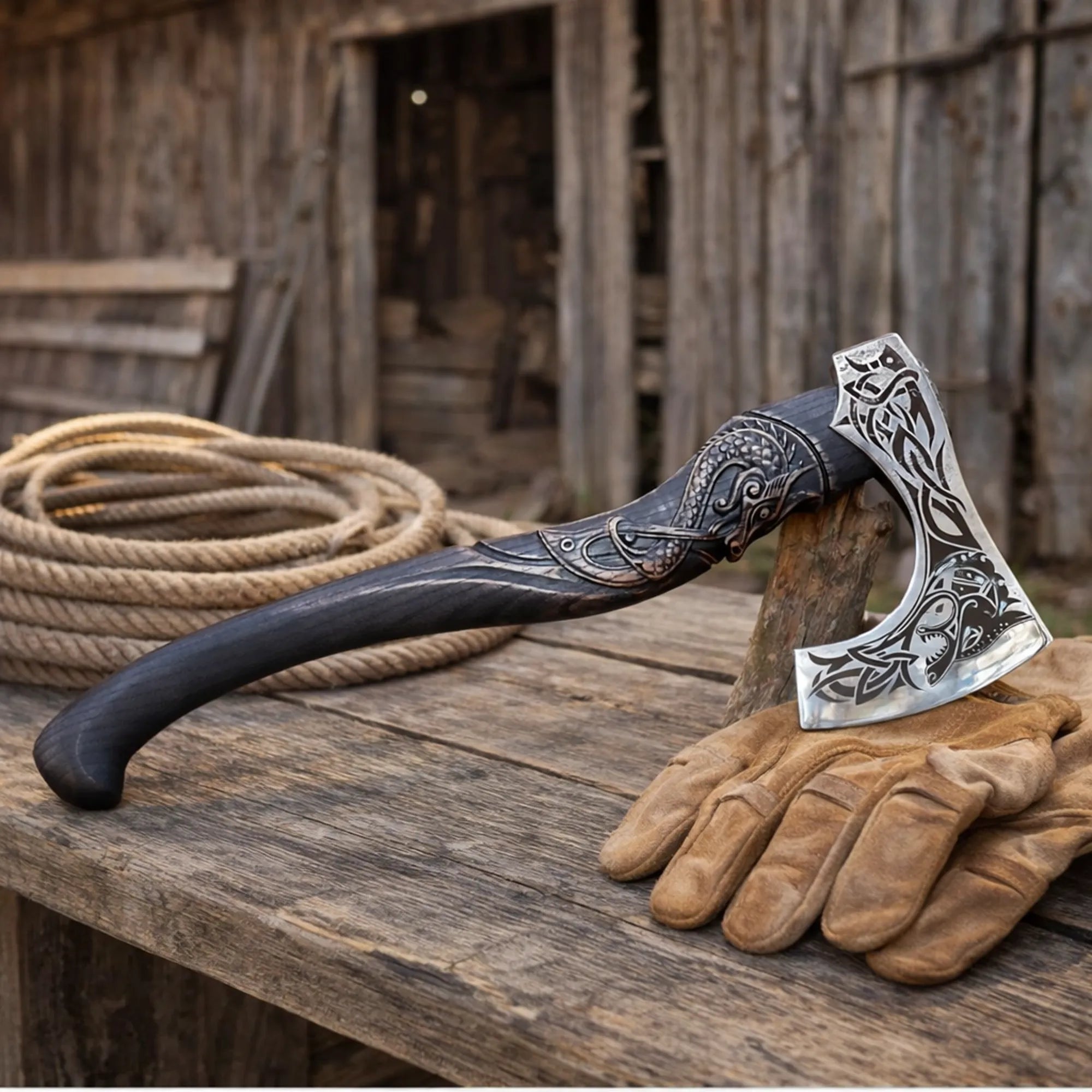 Viking Wolf Axe Fenrir with engraved blade and ash wood handle on rustic wooden surface
