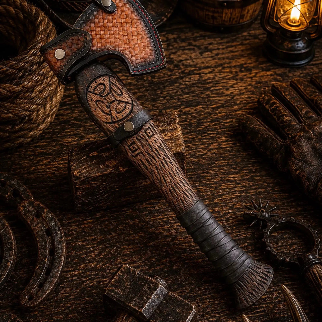 Vindflaug Viking Axe – Hand Forged 1095 Carbon Steel & Leather Grip - SHAM KNIVESViking AxeSHAM KNIVESHand forged Viking axe with carved ash wood and leather wrapped grip