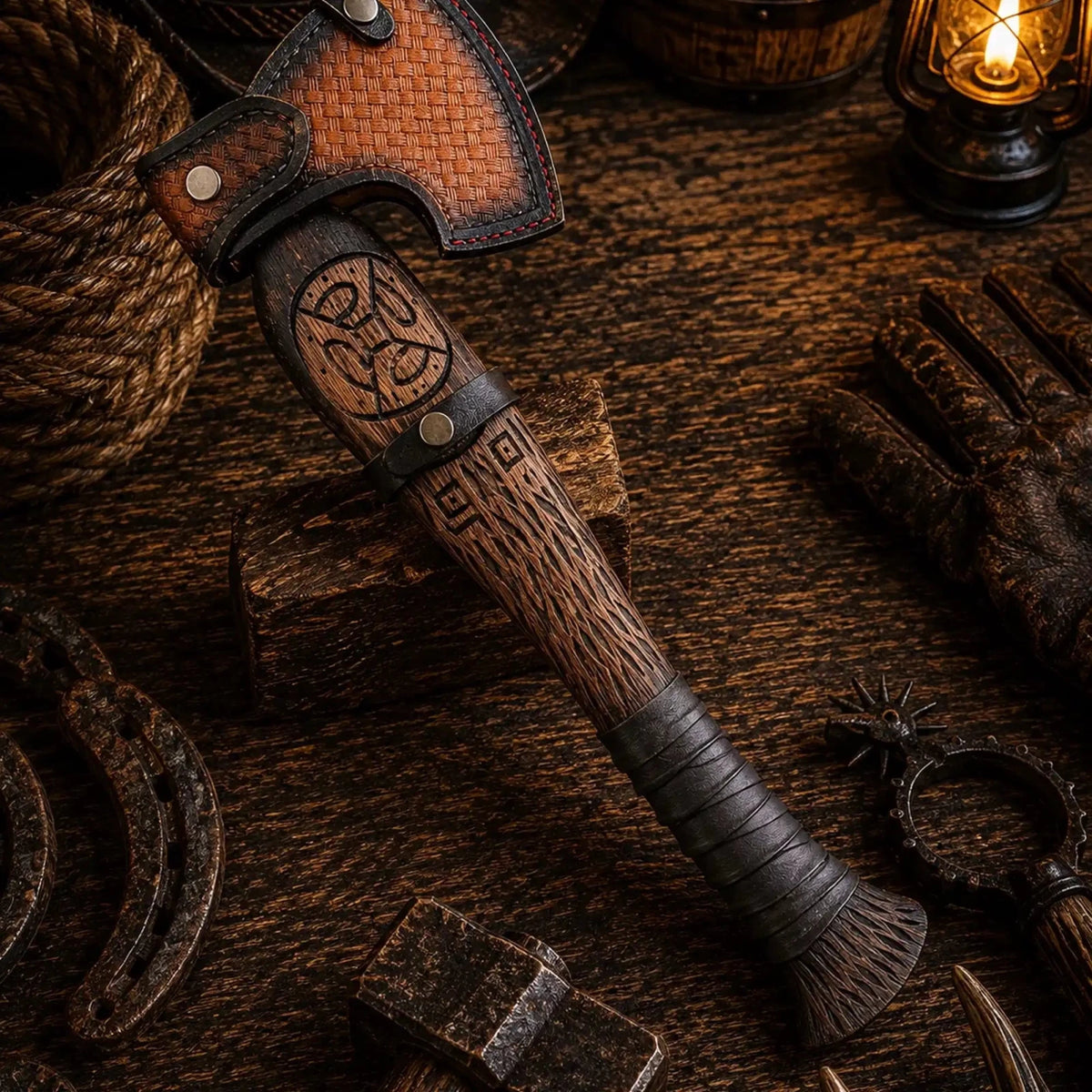 Vindflaug Viking Axe – Hand Forged 1095 Carbon Steel & Leather Grip - SHAM KNIVESViking AxeSHAM KNIVESHand forged Viking axe with carved ash wood and leather wrapped grip