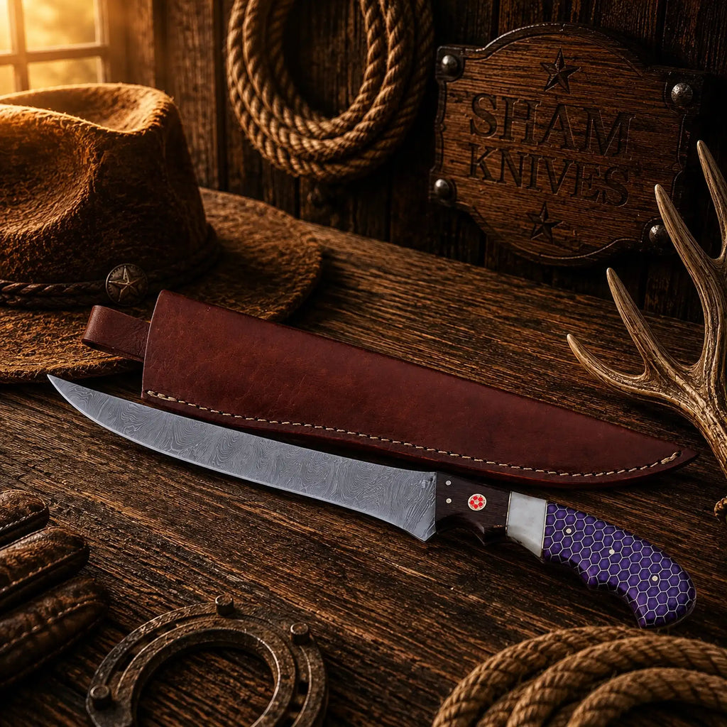 Violet Angler Damascus steel fillet knife with purple honeycomb handle