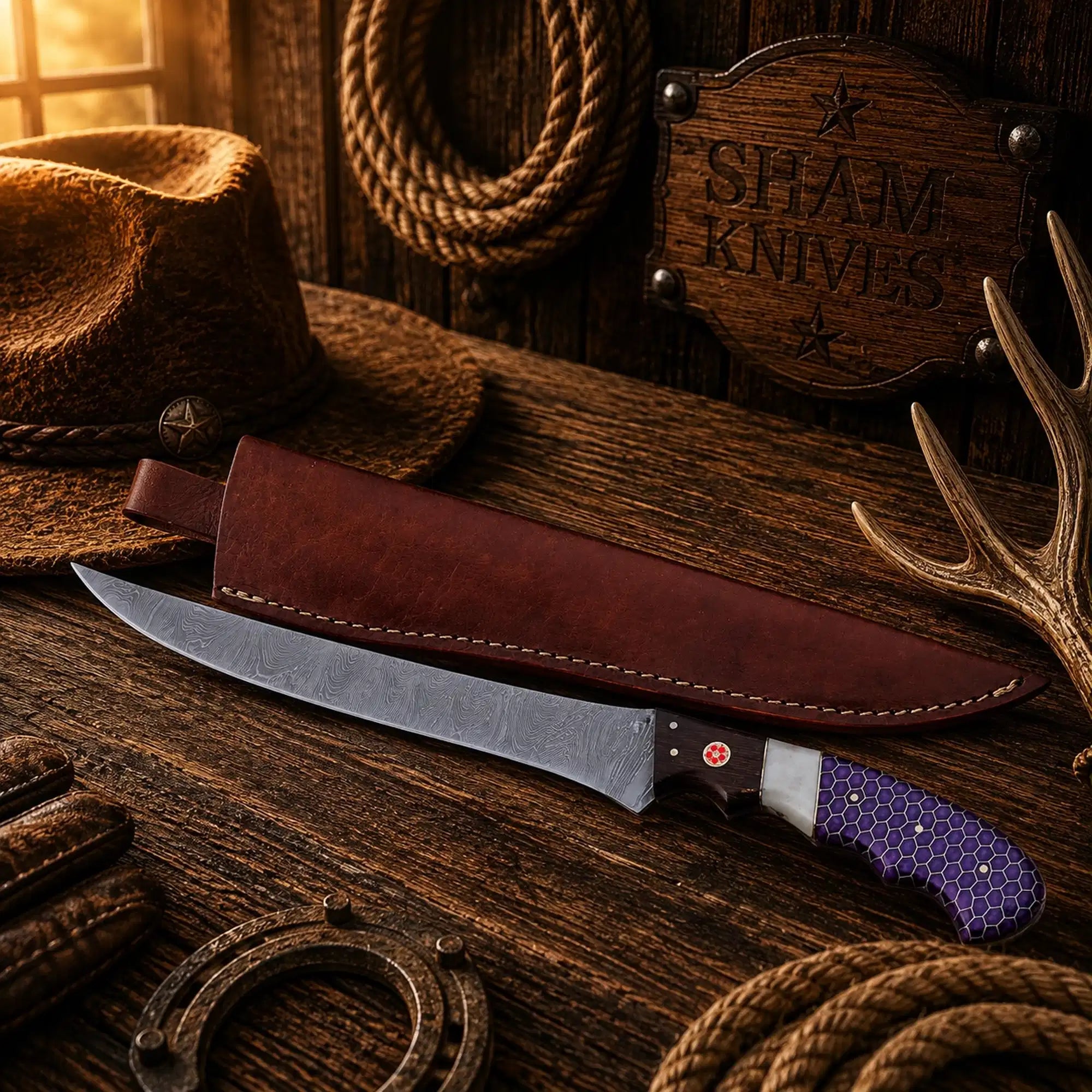 Violet Angler Damascus steel fillet knife with purple honeycomb handle